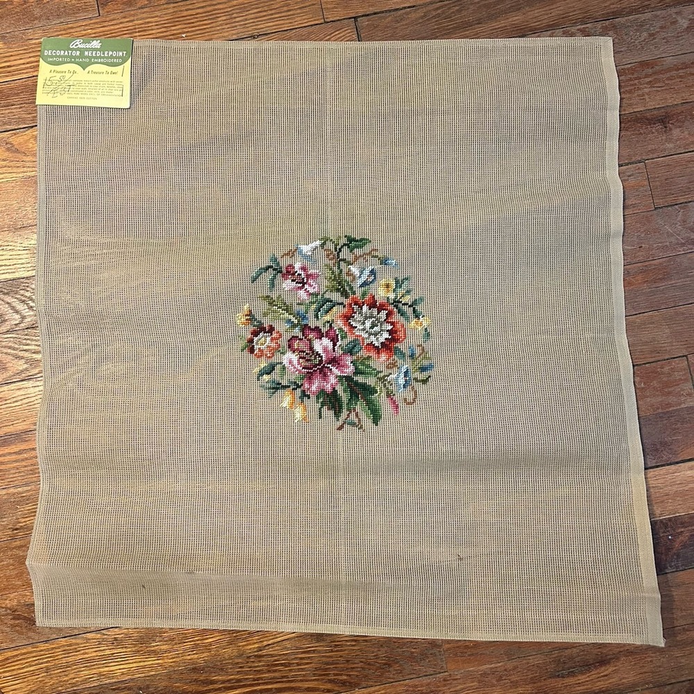 Vtg Bucilla‎ Decorator Wool Tapestry Needlepoint Antique Canvas Floral 27"x27"